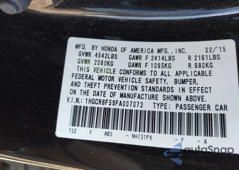 2015 Honda Accord Hybrid Ex-L z USA, uszkodzony, nr VIN 1HGCR6F59FA007073